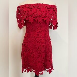 Guess Red Floral Lace Long Sleeve Dress